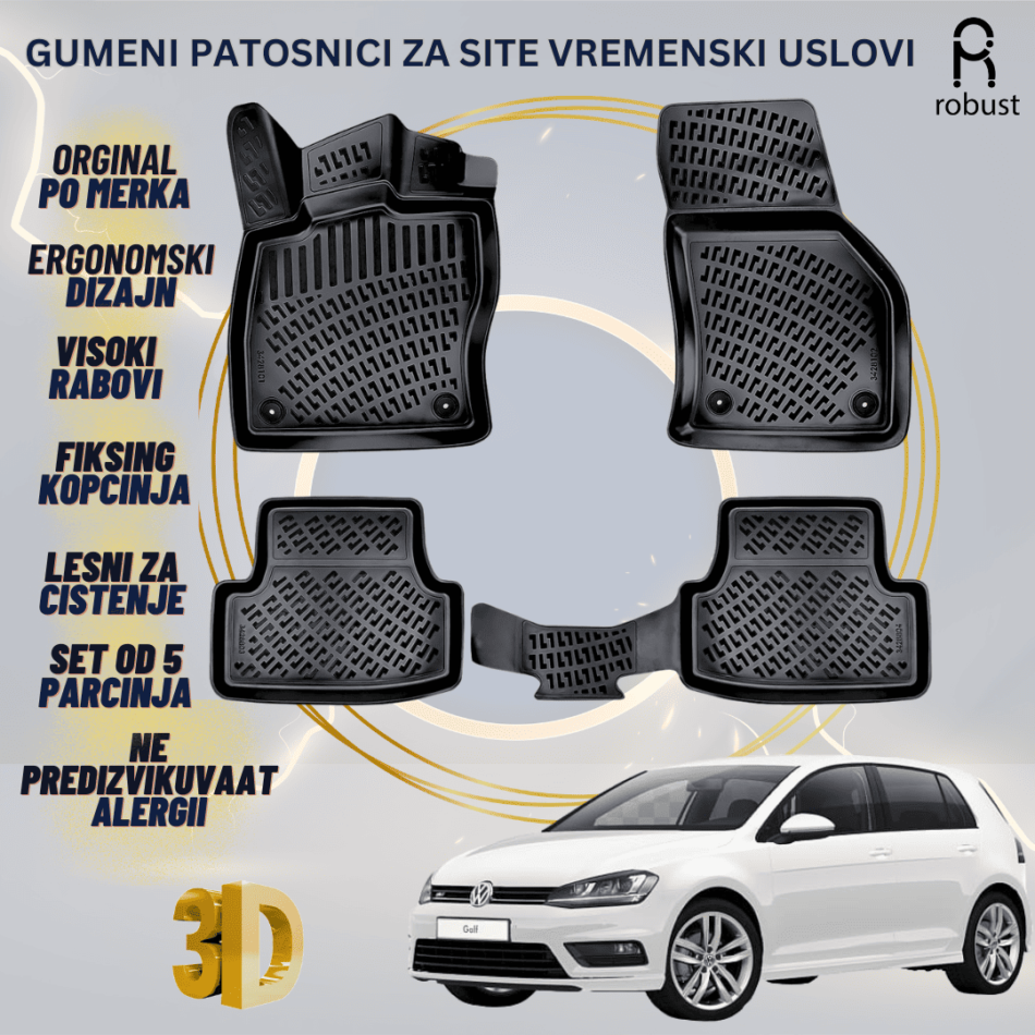 www.samad.mk-3D gumeni patosnici za Volkswagen Golf 7 2012-2019 Patosnici Robust za site vremenski uslovi