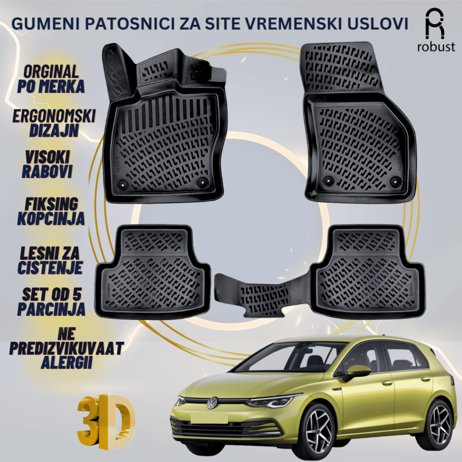 www.samad.mk-3D gumeni patosnici za Volkswagen Golf 8 Manual 2019- Patosnici Robust za site vremenski uslovi