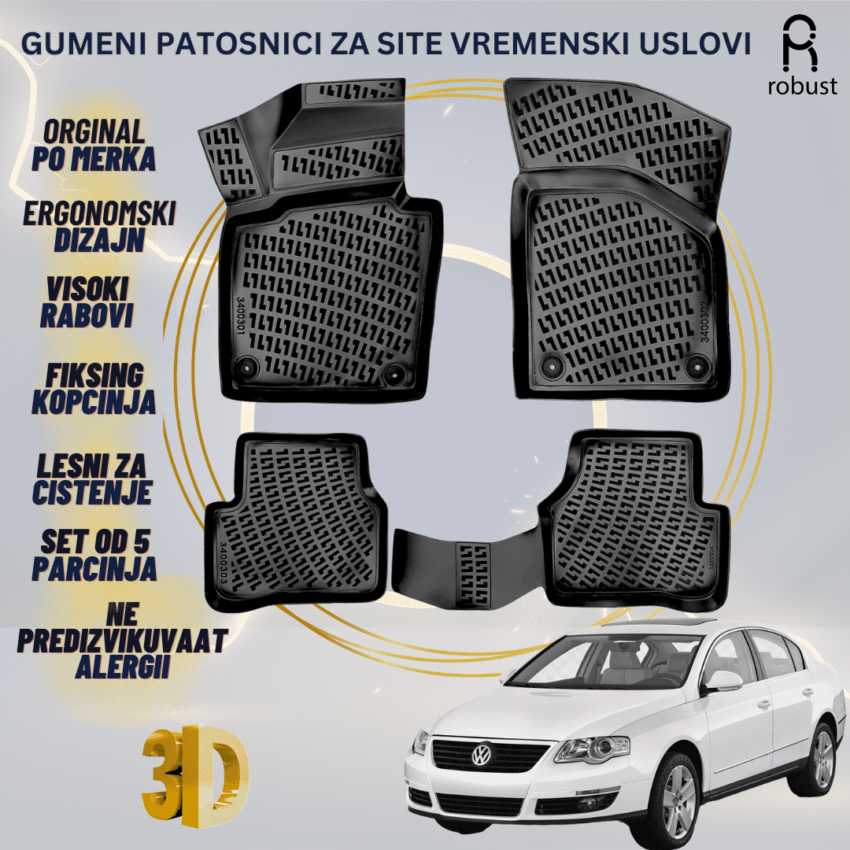 www.samad.mk-3D gumeni patosnici za Volkswagen Passat B6 2005-2010 Patosnici Robust za site vremenski uslovi