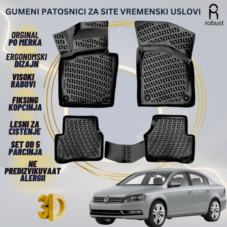 www.samad.mk-3D gumeni patosnici za Volkswagen Passat B7 2010-2015 Patosnici Robust za site vremenski uslovi