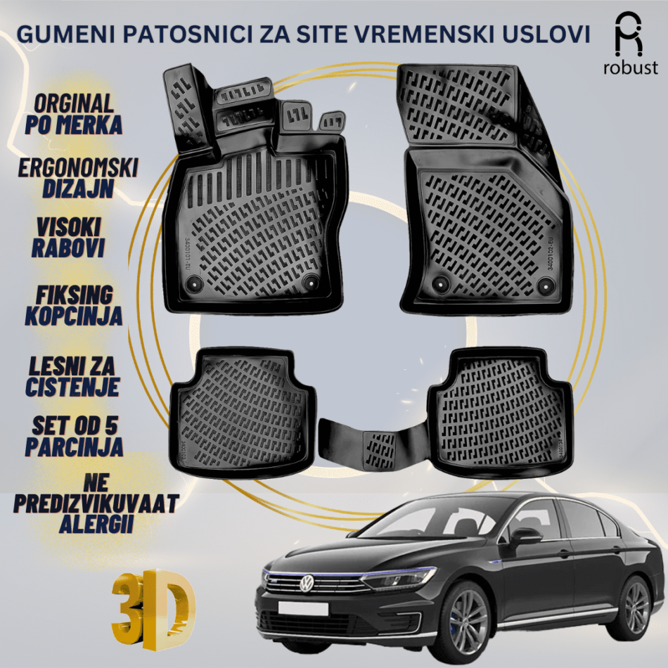 www.samad.mk-3D gumeni patosnici za Volkswagen Passat B8 2015-2023 Patosnici Robust za site vremenski uslovi