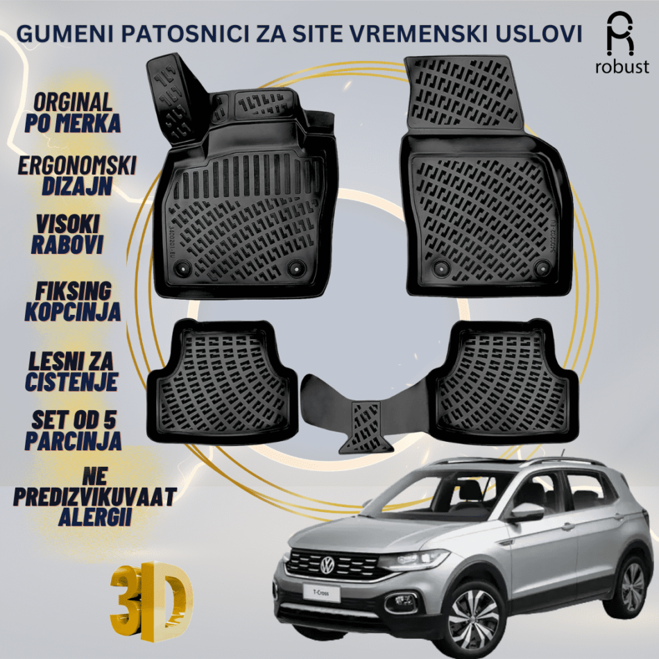 www.samad.mk-3D gumeni patosnici za Volkswagen T-Cross 2019-2022 Patosnici Robust za site vremenski uslovi