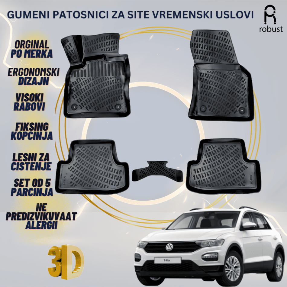 www.samad.mk-3D gumeni patosnici za Volkswagen T-Roc 2017-2020 Patosnici Robust za site vremenski uslovi