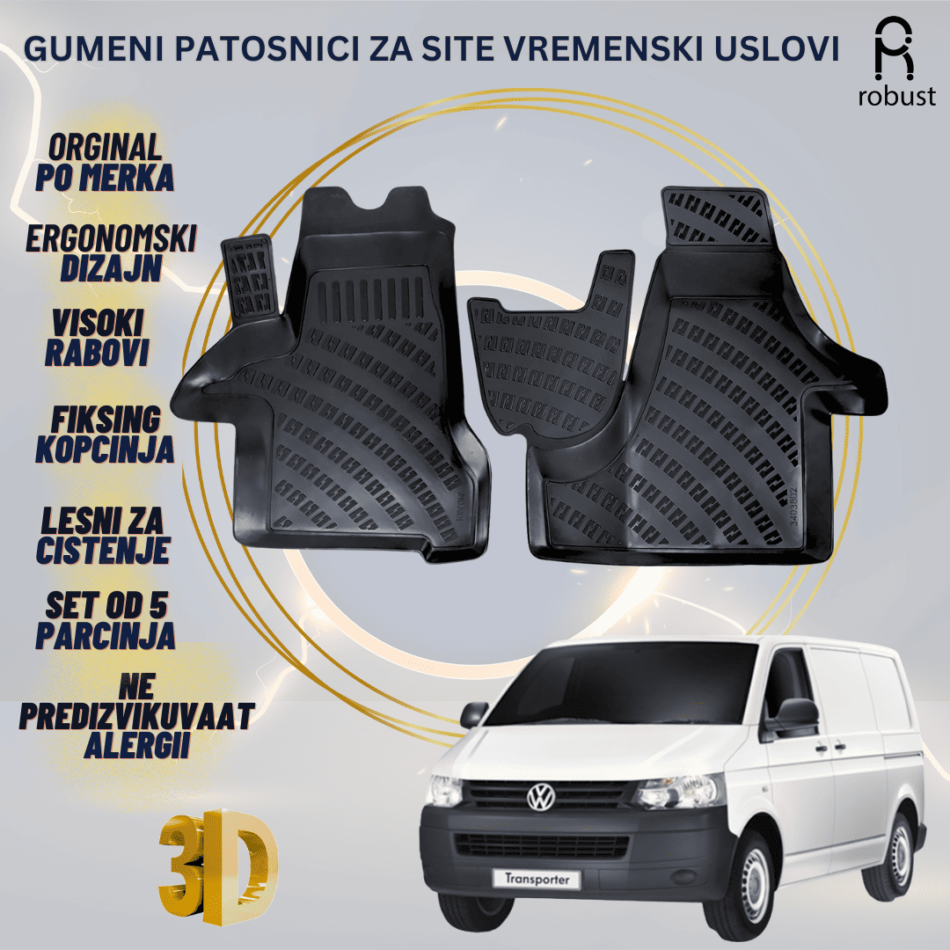 www.samad.mk-3D gumeni patosnici za Volkswagen Transporter T5 2003-2014 Patosnici Robust za site vremenski uslovi