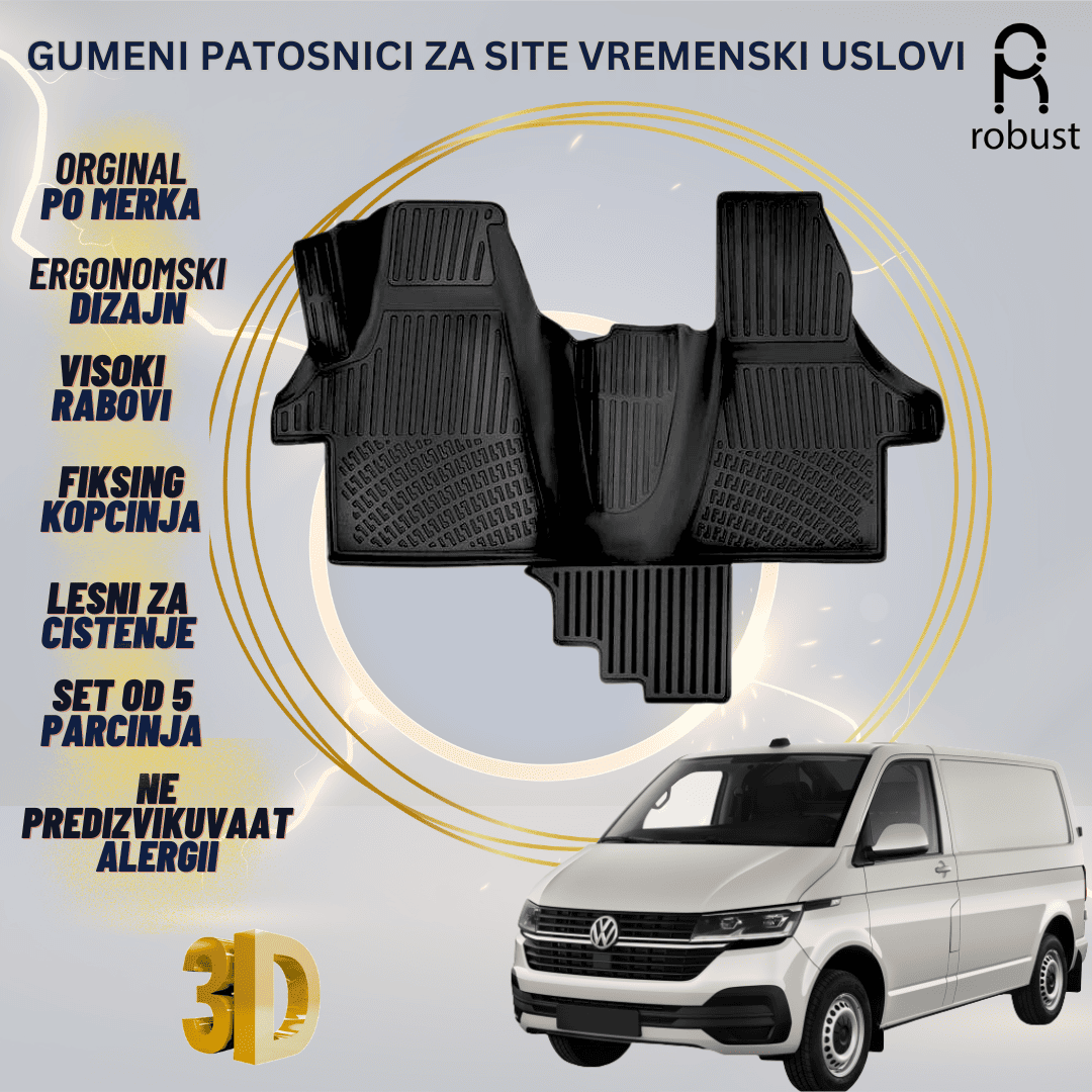 www.samad.mk-3D gumeni patosnici za Volkswagen Transporter T6.1 2019-2024 Patosnici Robust za site vremenski uslovi