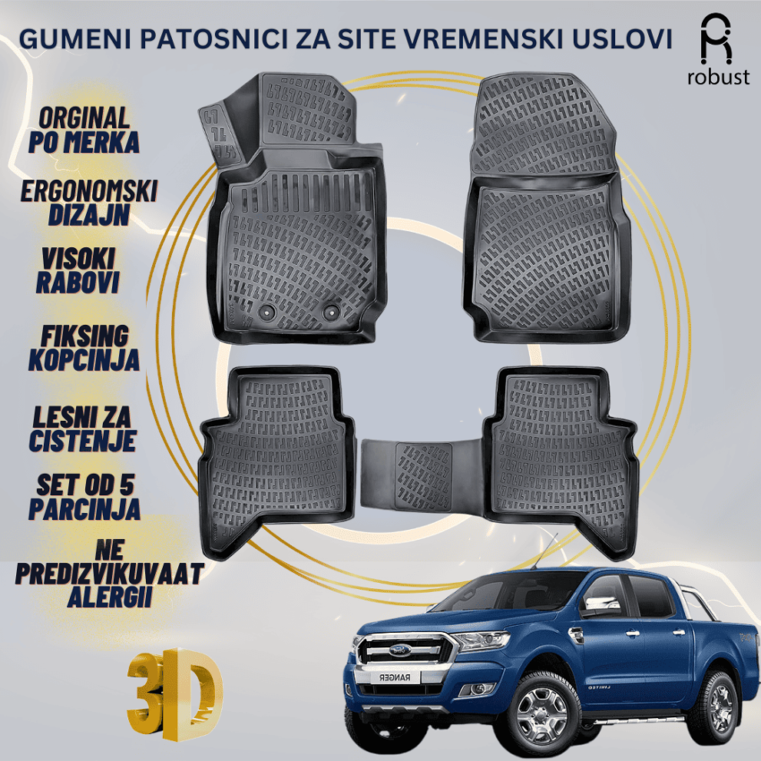 www.samad.mk-3D gumeni patosnici za FORD RANGER 2011-2019 Patosnici Robust za site vremenski uslovi