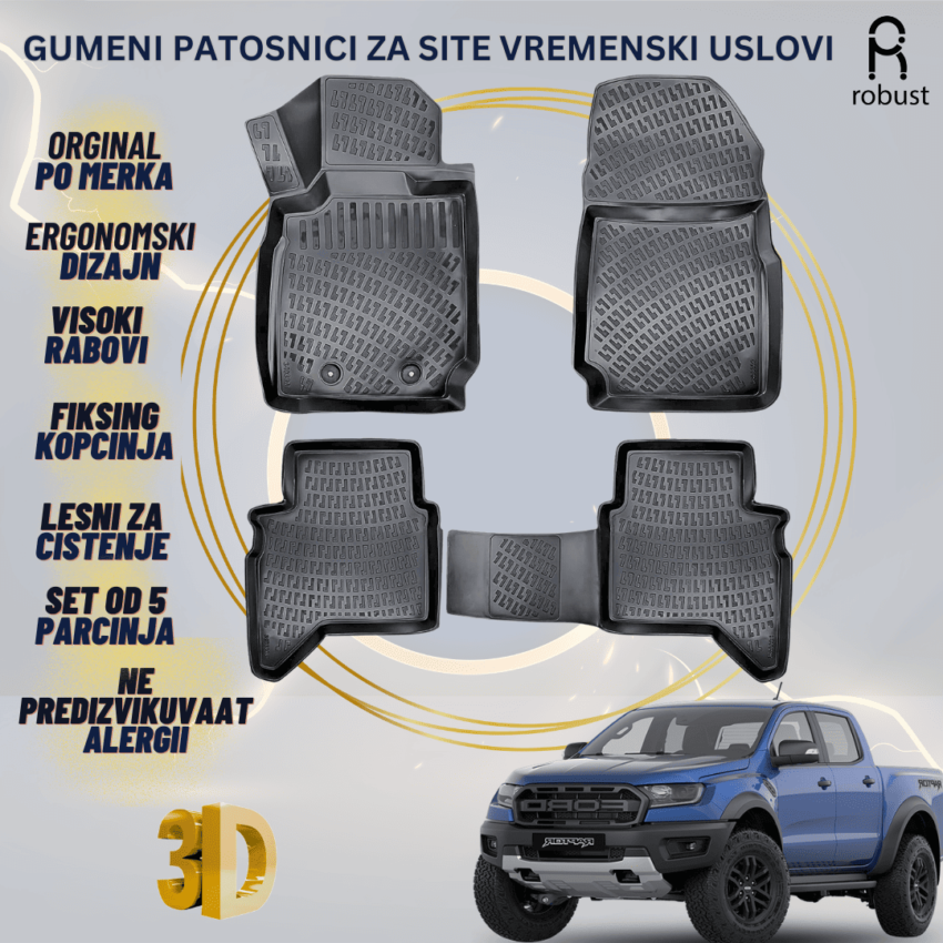 www.samad.mk-3D gumeni patosnici za FORD RANGER RAPTOR 2019-2022 Patosnici Robust za site vremenski uslovi