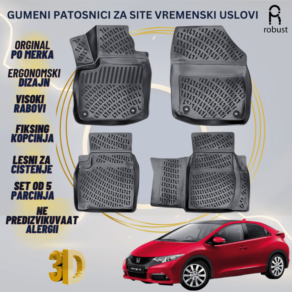 www.samad.mk-3D gumeni patosnici za HONDA CİVİC 2012-2016 Hatchback Patosnici Robust za site vremenski uslovi