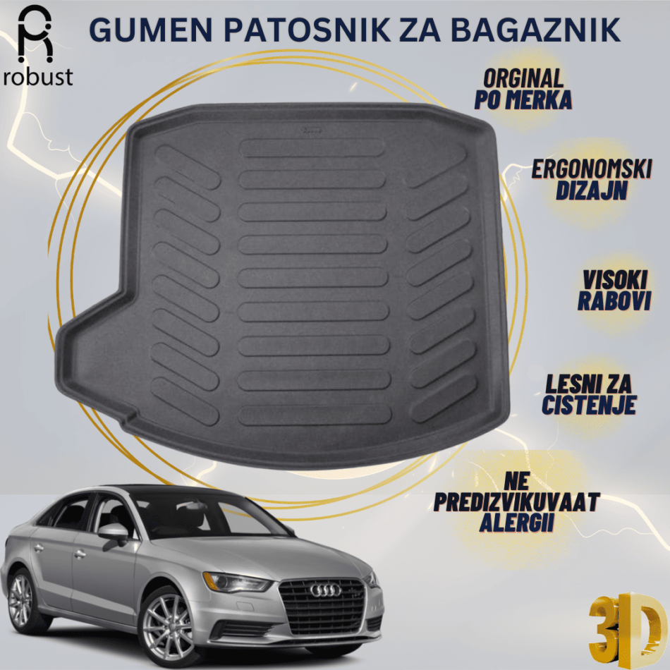 www.samad.mk-3D gumen patosnik za bagaznik za AUDI A3 2013-2020 SEDAN Korito za gepek Robust za site vremenski uslovi