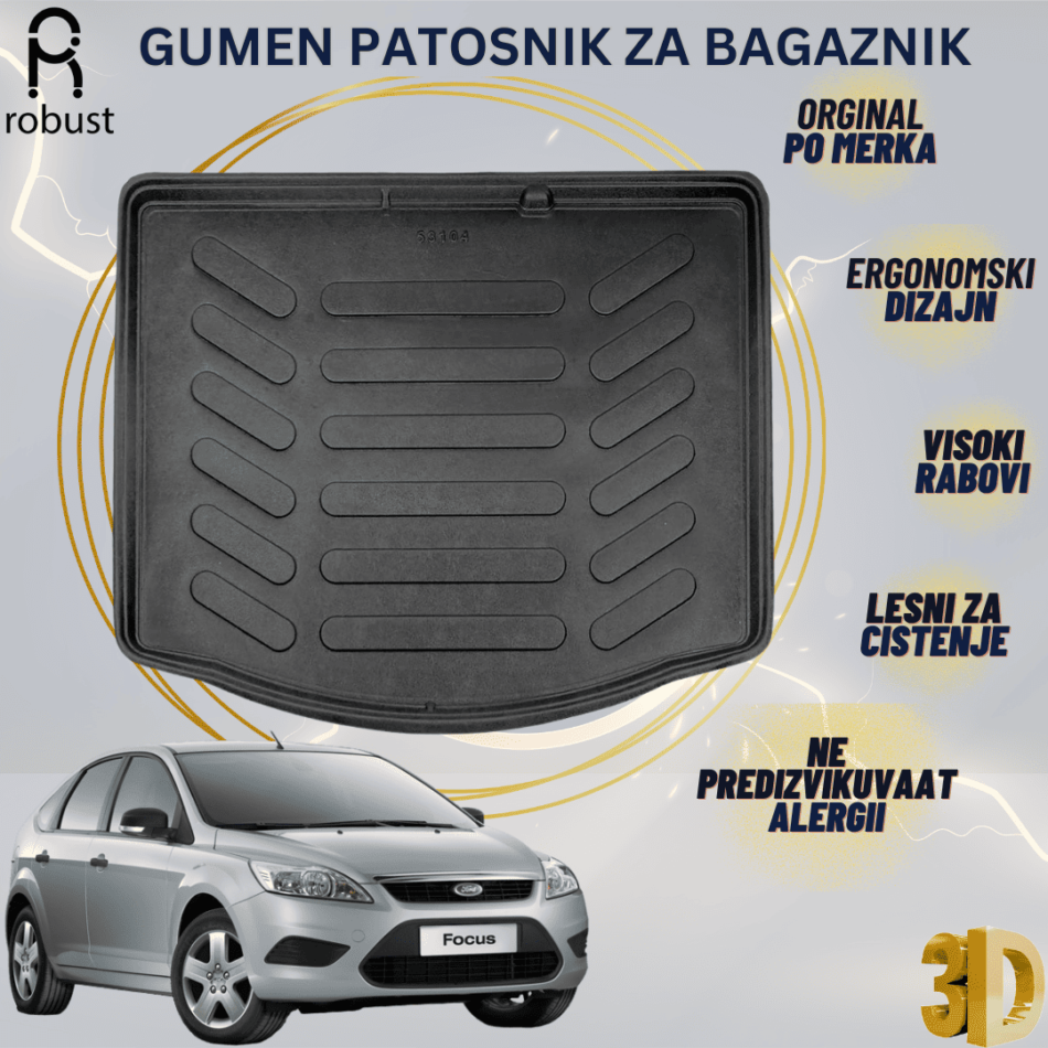 www.samad.mk-3D gumen patosnik za bagaznik za Ford Focus 2 HB 2005-2012 Korito za gepek Robust za site vremenski uslovi