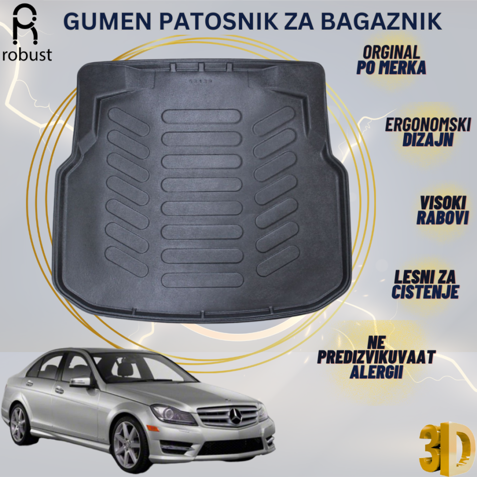 www.samad.mk-3D gumen patosnik za bagaznik za Mercedes C Class W204 Plastic Trunk 2007-2014 Korito za gepek Robust za site vremenski uslovi