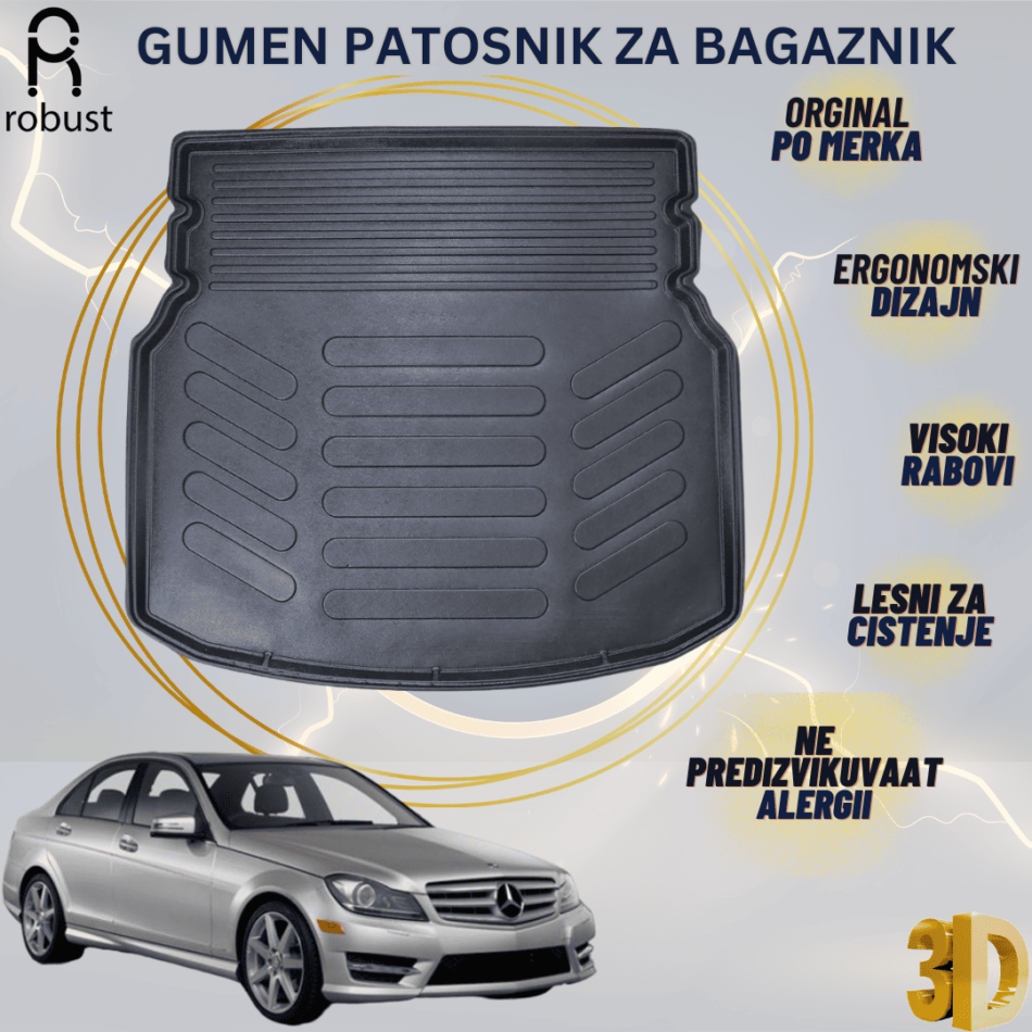 www.samad.mk-3D gumen patosnik za bagaznik za Mercedes C Class W204 Ramped Trunk 2007-2014 Korito za gepek Robust za site vremenski uslovi