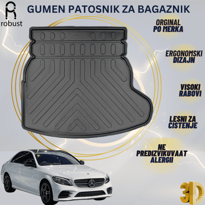 www.samad.mk-3D gumen patosnik za bagaznik za Mercedes C Class W205 Ramped and Winged 2014-2021 Korito za gepek Robust za site vremenski uslovi