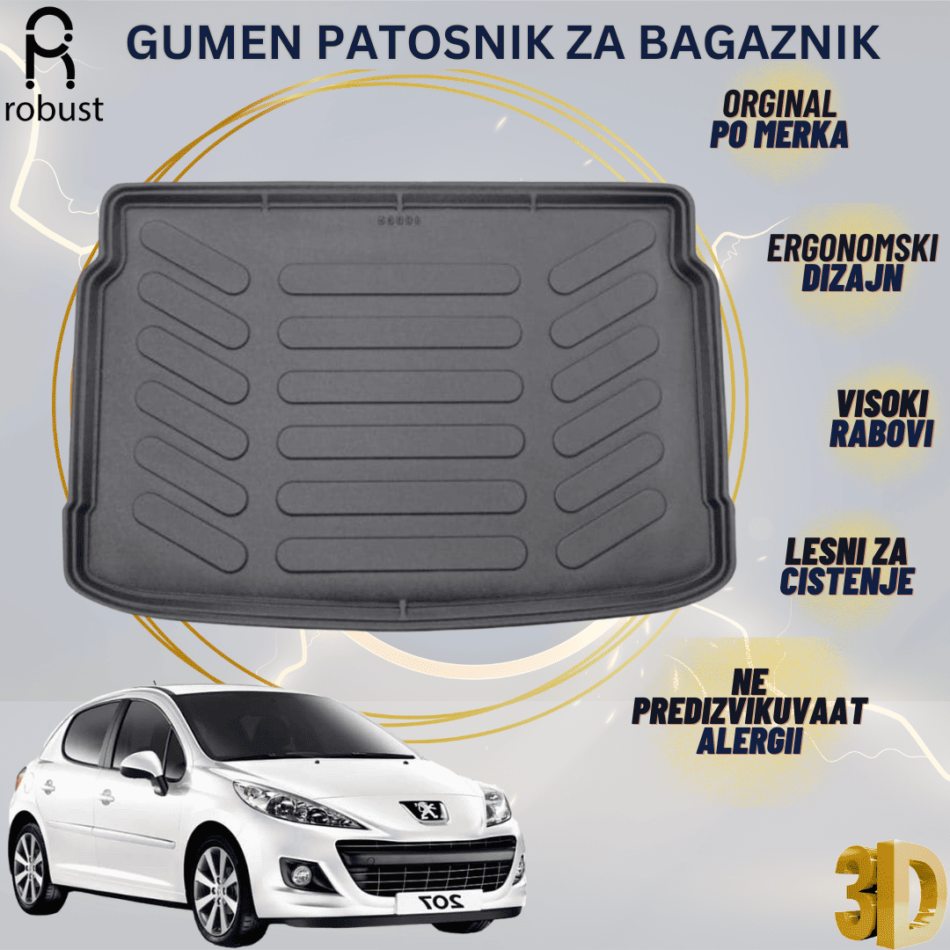 www.samad.mk-3D gumen patosnik za bagaznik za PEUGEOT 207 2006-2014 Korito za gepek Robust za site vremenski uslovi