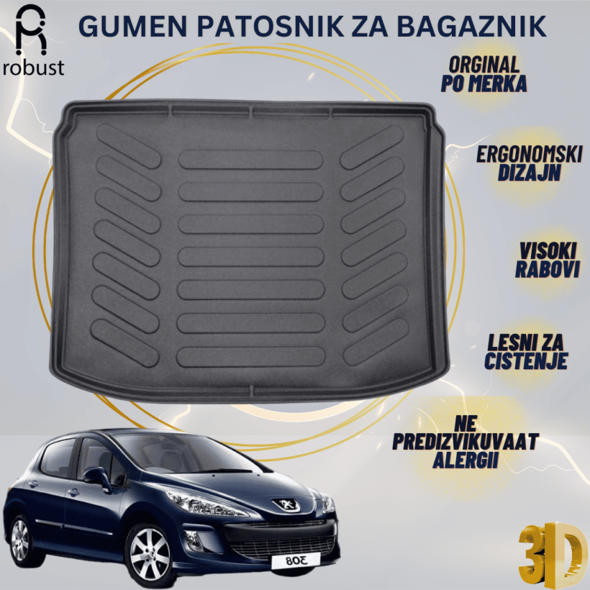 www.samad.mk-3D gumen patosnik za bagaznik za PEUGEOT 308 2008-2013 Korito za gepek Robust za site vremenski uslovi