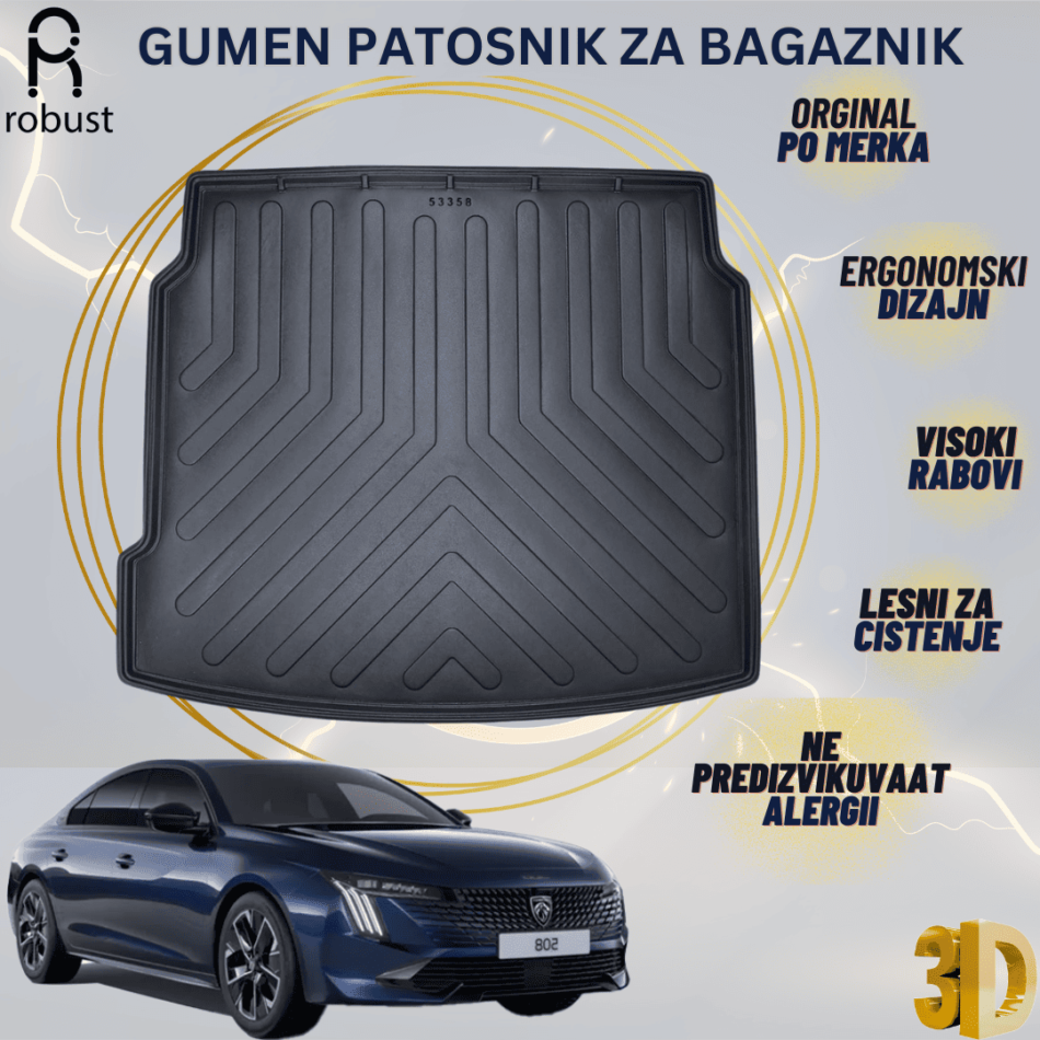 www.samad.mk-3D gumen patosnik za bagaznik za PEUGEOT 508 SD 2019-2024 Korito za gepek Robust za site vremenski uslovi