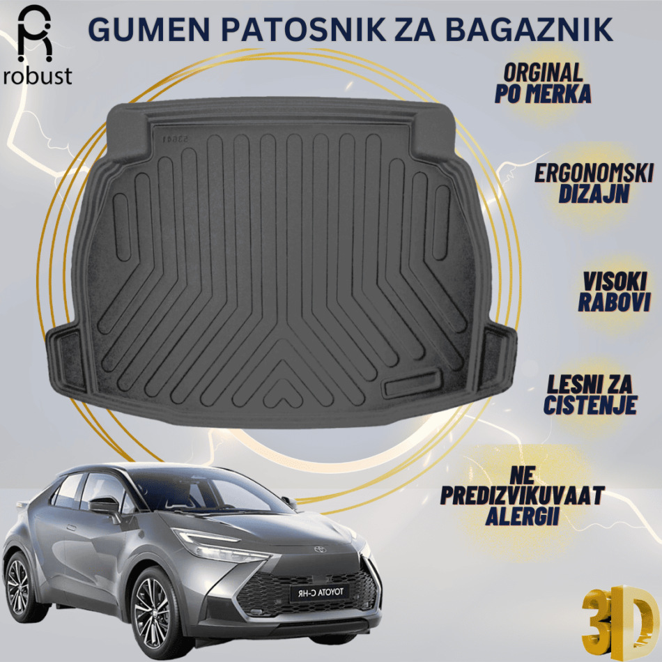 www.samad.mk-3D gumen patosnik za bagaznik za TOYOTA C-HR 2023- hybrid Korito za gepek Robust za site vremenski uslovi