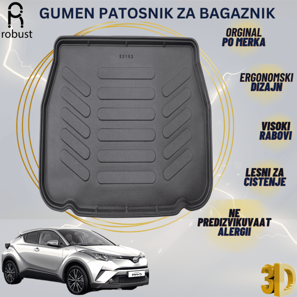 www.samad.mk-3D gumen patosnik za bagaznik za TOYOTA CH-R sa rezervnom gumom 2016-2023 Korito za gepek Robust za site vremenski uslovi