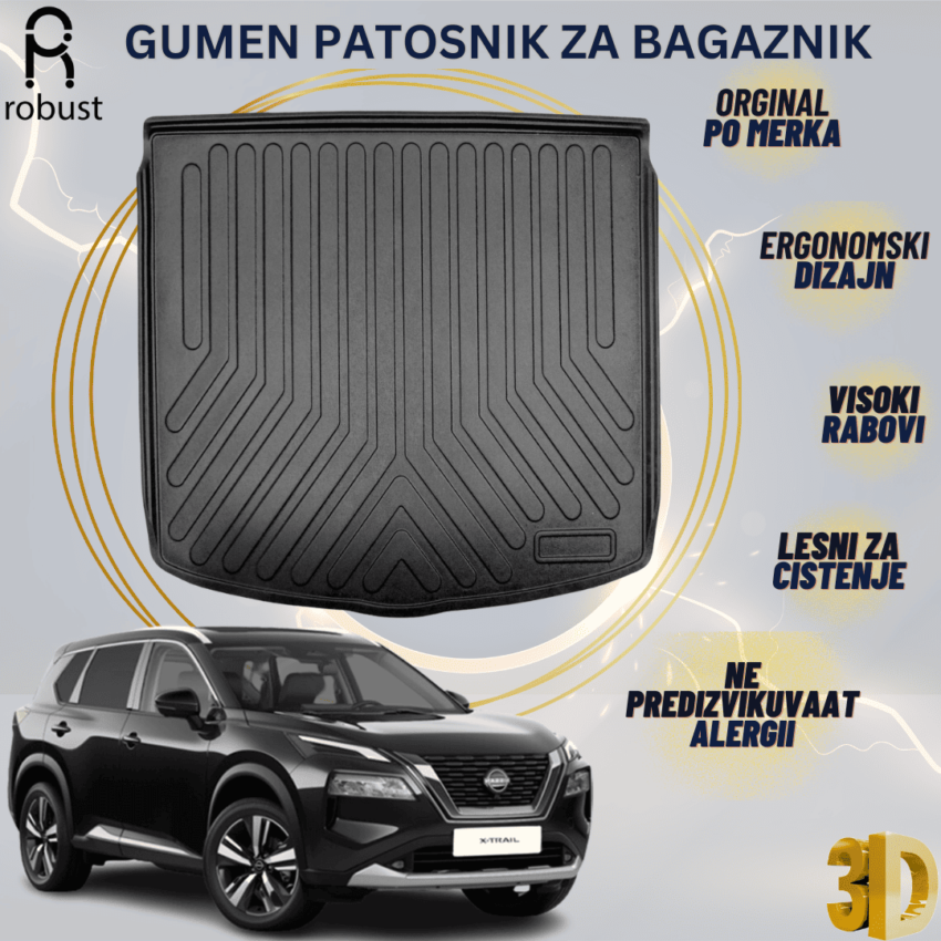 www.samad.mk-3D gumen patosnik za bagaznik za Nissan X-Trail Benzin 2022 5 seat MK4 T33 Korito za gepek Robust za site vremenski uslovi