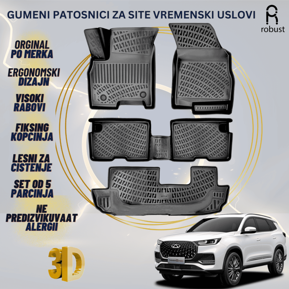 www.samad.mk-3D gumeni patosnici za Chery Tiggo 8 Pro 2020 three Rows Excellent Pack Patosnici Robust za site vremenski uslovi