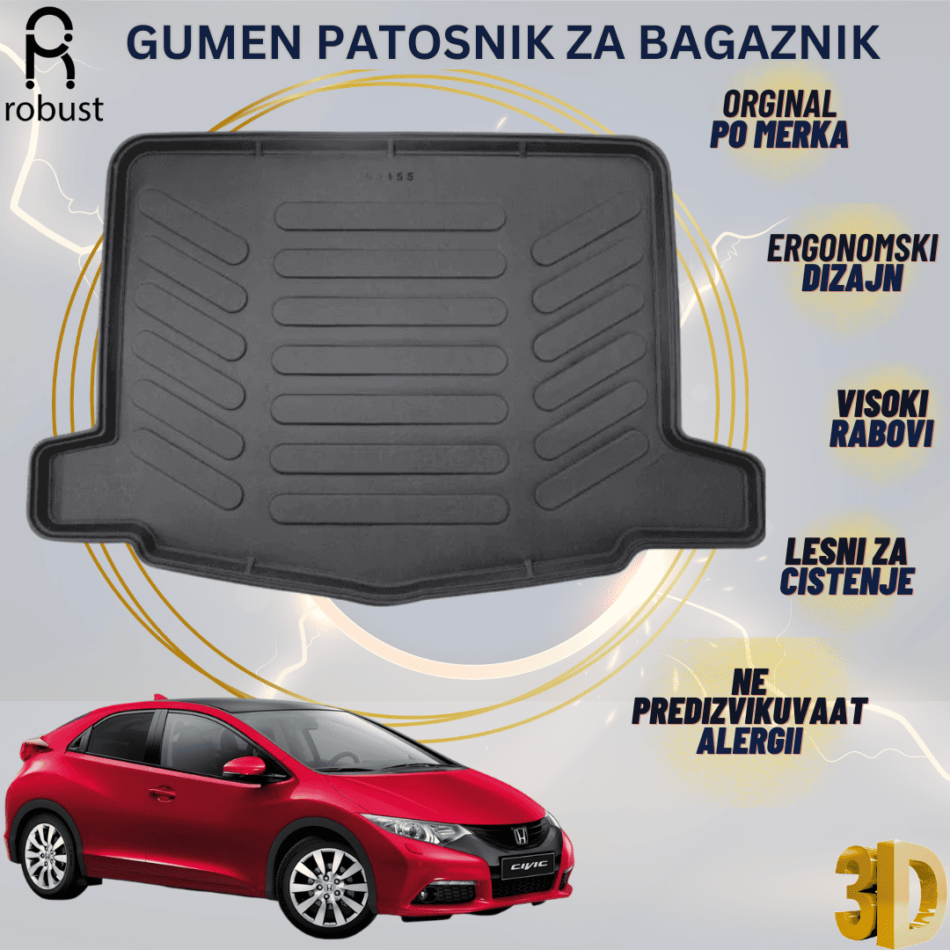 www.samad.mk-3D gumen patosnik za bagaznik za Honda Civic 2012-2016 HB Korito za gepek Robust za site vremenski uslovi