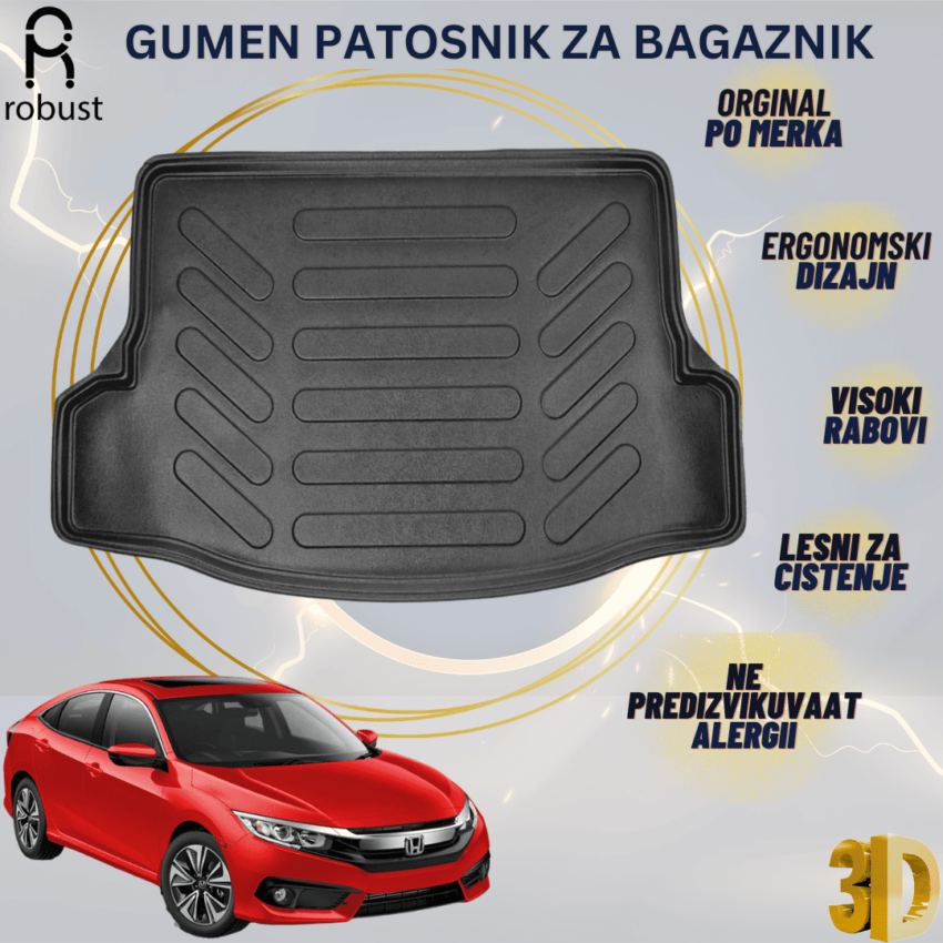 www.samad.mk-3D gumen patosnik za bagaznik za Honda Civic 2016-2021 HB Korito za gepek Robust za site vremenski uslovi