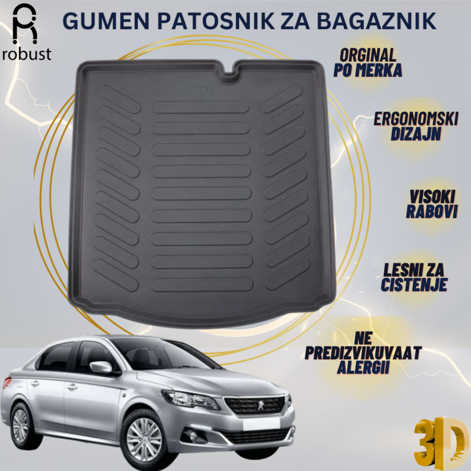 www.samad.mk-3D gumen patosnik za bagaznik za Peugeot 301 2012-2022 Korito za gepek Robust za site vremenski uslovi