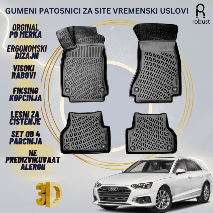 www.samad.mk-3D gumeni patosnici za Audi A4 B9 2020-2025 FL Patosnici Robust za site vremenski uslovi