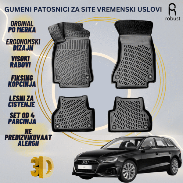 www.samad.mk-3D gumeni patosnici za Audi A4 B9 2020-2025 avant FL Patosnici Robust za site vremenski uslovi