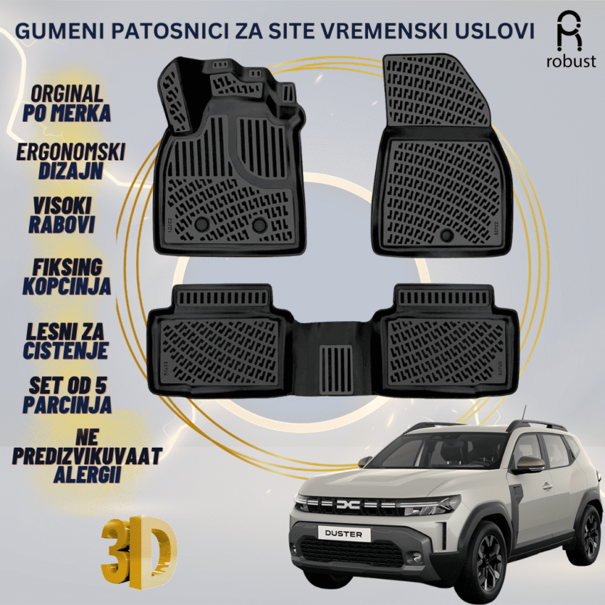 www.samad.mk-3D gumeni patosnici za Dacia Duster 4x2 2024-Hybrid Patosnici Robust za site vremenski uslovi