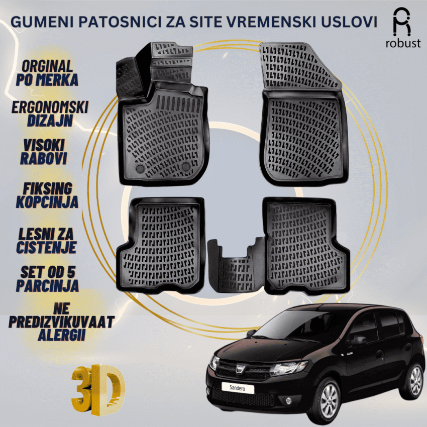 www.samad.mk-3D gumeni patosnici za Dacia Sandero 2012-2020 Patosnici Robust za site vremenski uslovi