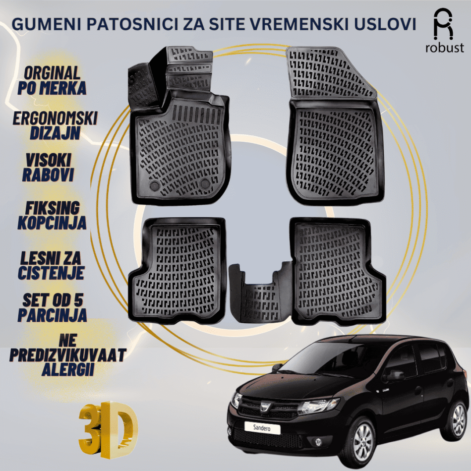 www.samad.mk-3D gumeni patosnici za Dacia Sandero 2012-2020 Patosnici Robust za site vremenski uslovi