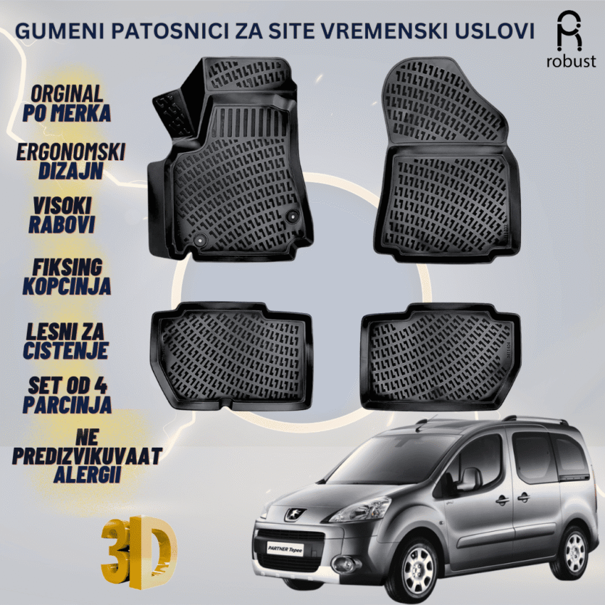 www.samad.mk-3D gumeni patosnici za Peugeot Partner 2008-2011 Patosnici Robust za site vremenski uslovi