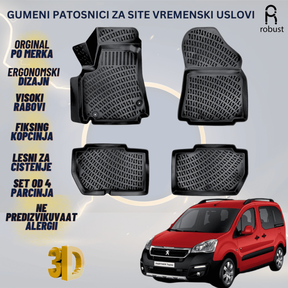 www.samad.mk-3D gumeni patosnici za Peugeot Partner 2012-2018 FL Patosnici Robust za site vremenski uslovi