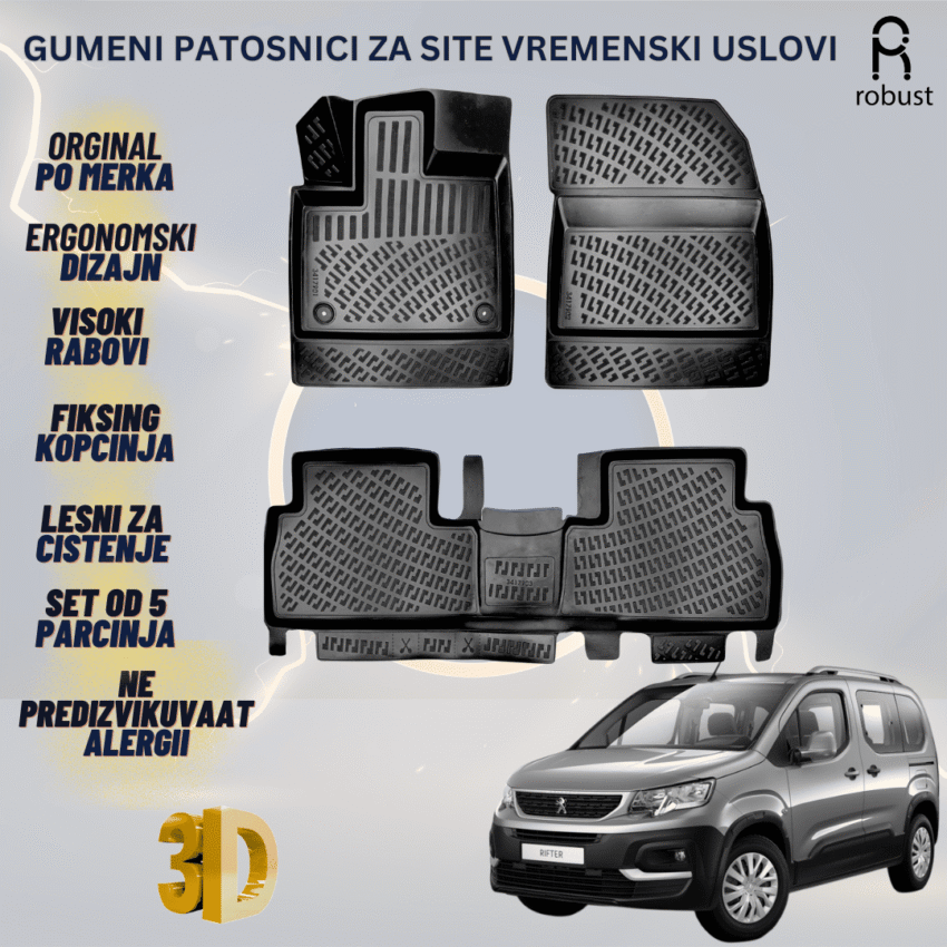 www.samad.mk-3D gumeni patosnici za Peugeot Rifter 2018-2023 Patosnici Robust za site vremenski uslovi