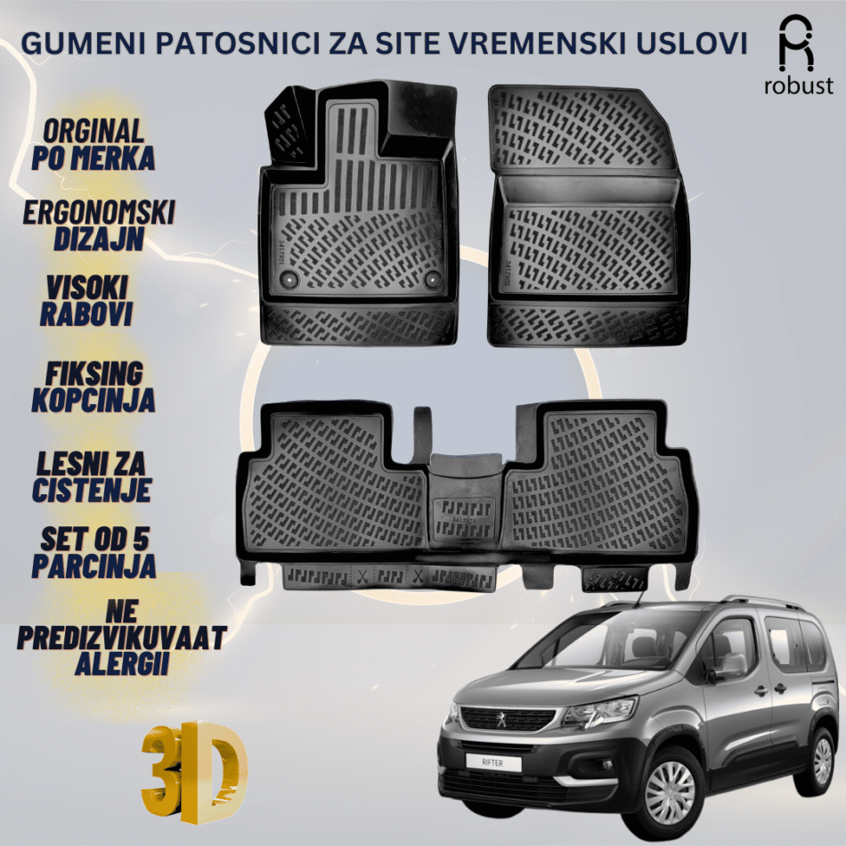 www.samad.mk-3D gumeni patosnici za Peugeot Rifter 2018-2023 Patosnici Robust za site vremenski uslovi