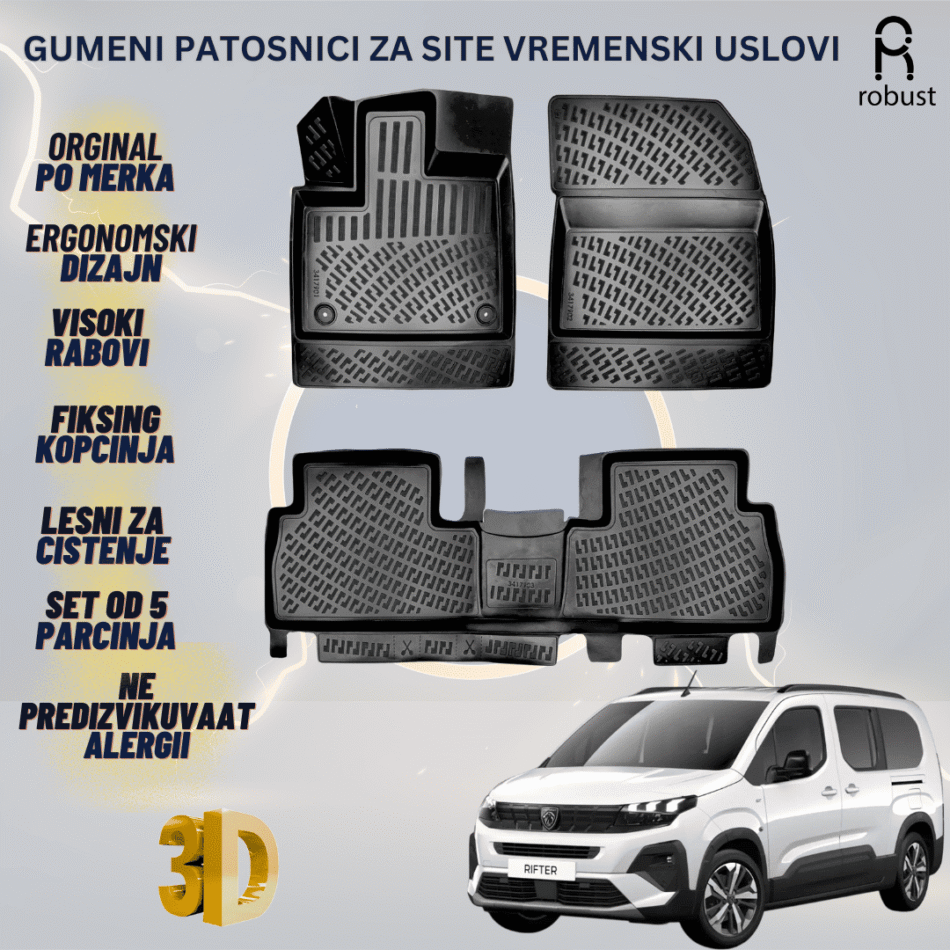 www.samad.mk-3D gumeni patosnici za Peugeot Rifter 2023- FL Patosnici Robust za site vremenski uslovi