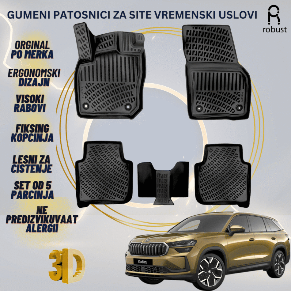 www.samad.mk-3D gumeni patosnici za Skoda Kodiaq 2024 Patosnici Robust za site vremenski uslovi