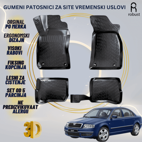 www.samad.mk-3D gumeni patosnici za Skoda Superb MK1 B5 2001-2008 Patosnici Robust za site vremenski uslovi