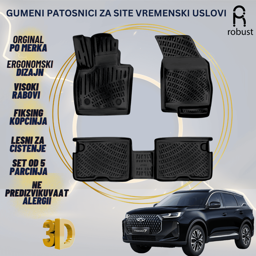 www.samad.mk-3D gumeni patosnici za Chery Tiggo 7 2025 Patosnici Robust za site vremenski uslovi