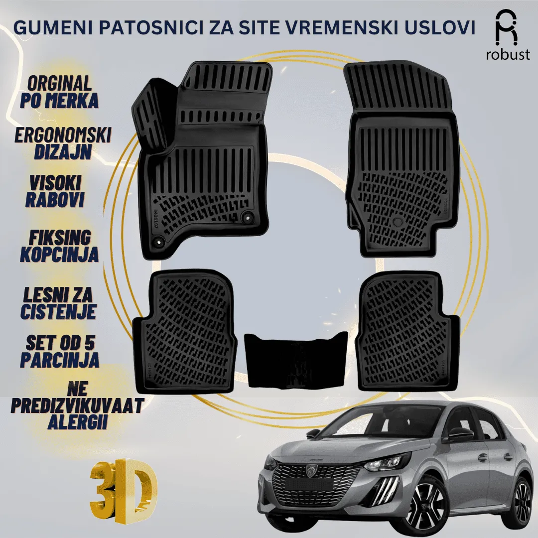 www.samad.mk-3D gumeni patosnici za Peugeot 208 Hybrid 2025 Patosnici Robust za site vremenski uslovi